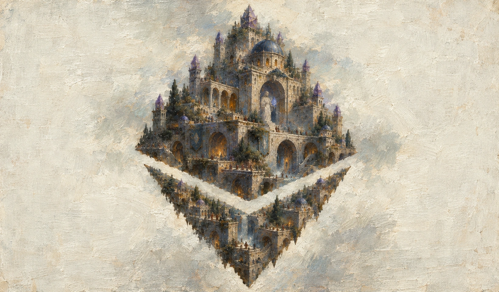 Ethereum architecture painted in muted oil pigments on textured antique canvas, rendered as halftone dots